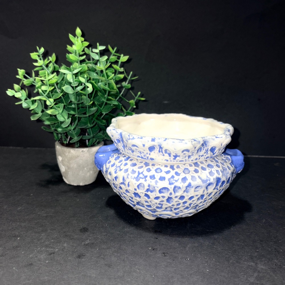 Blue White Lace Ceramic African Violet Pot Self Watering Two Piece Planter 5.5"
